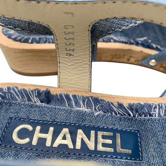 Chanel Fantasy Blue Calf Leather CC Logo Wooden Platform Sandals EU 38 US 7-7.5 - Picture 9 of 11